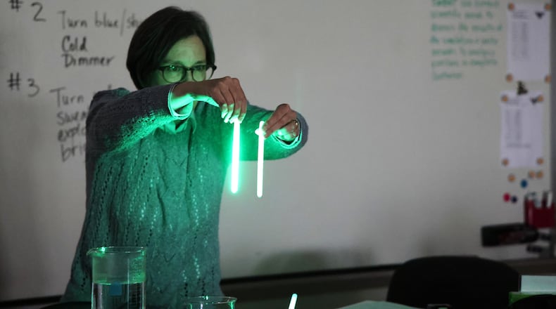 Launched at the beginning of this school year at Lakota East Freshman School, the “East Educator Exchange” is a monthly series of optional professional development sessions where teachers teach teachers. Pictured is East Freshman teacher Nicole Brainard as she demonstrates a classroom lesson to her colleagues. (Provided)