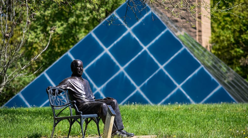 A sculpture of Harry T. Wilks near the Pyramid House over looks Pyramid Hill Sculpture Park that has reopened for members only Monday, May 4 after being closed for a while due to the coronavirus pandemic. The museum, welcome center and restrooms remain closed. NICK GRAHAM / STAFF