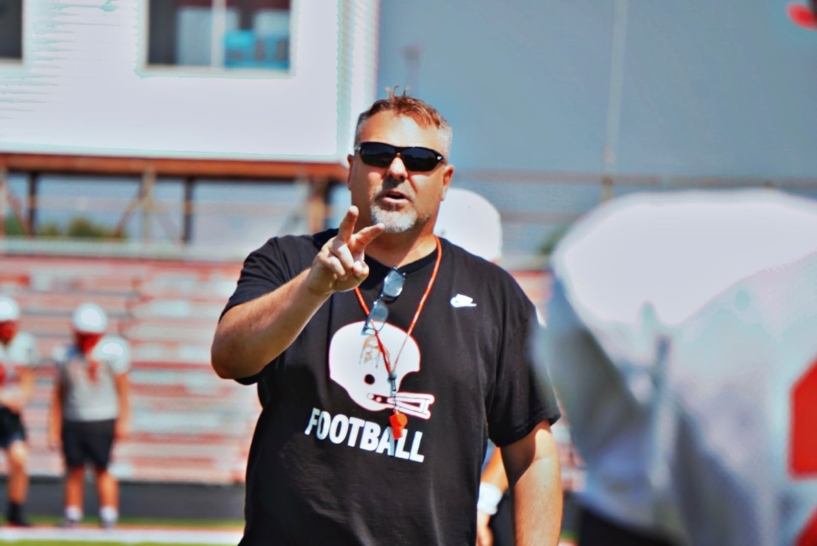 Fairfield coach Justin Roden talks to his players during a recent practice at Fairfield Alumni Stadium. CHRIS VOGT / CONTRIBUTED