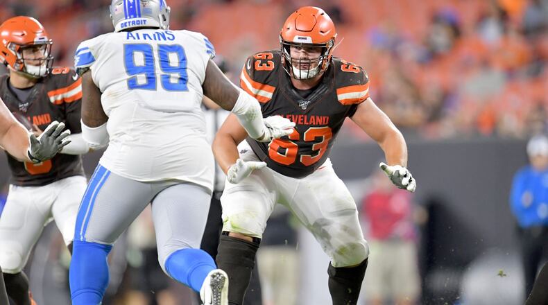 CLEVELAND, OHIO - AUGUST 29: Offensive guard Austin Corbett #63 of the Cleveland Browns during the second half of a preseason game against the Detroit Lions at FirstEnergy Stadium on August 29, 2019 in Cleveland, Ohio. The Browns defeated the Lions 20-16. (Photo by Jason Miller/Getty Images)
