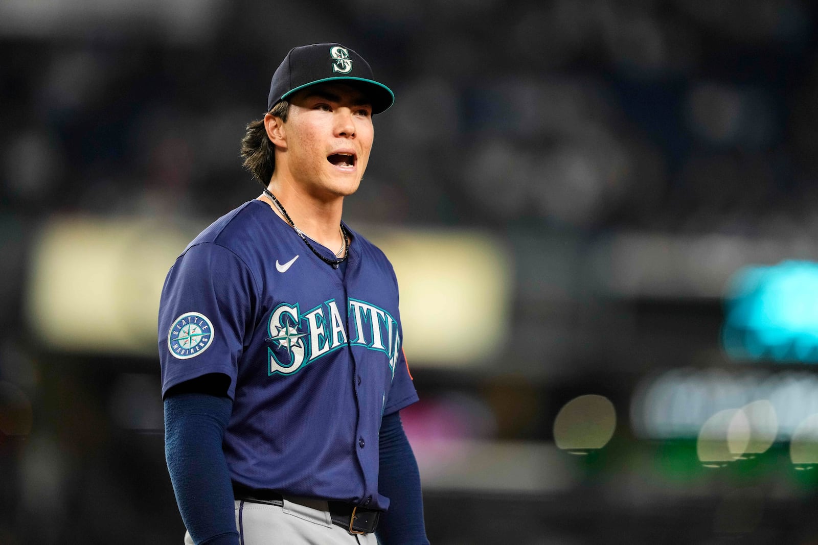 Seattle Mariners pitcher Bryan Woo (22) reacts after missing no-hit during the eighth inning of a baseball game against the New York Yankees, Thursday, July 10, 2025, in New York. (AP Photo/Yuki Iwamura)