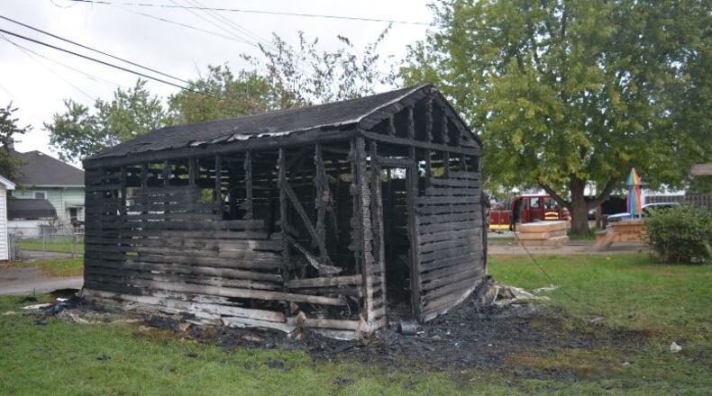 This detached garage in the 900 block of Malvern Street was destroyed by an arson fire Sunday afternoon, fire officials said. CONTRIBUTED