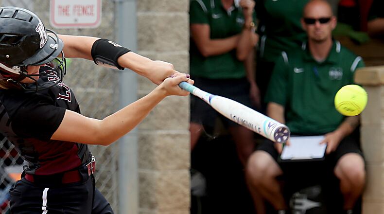 Lebanon’s Grace Gressly connects for an RBI against Mason during a Division I regional softball final at Kings on May 28, 2017. Lebanon won 7-3. CONTRIBUTED PHOTO BY E.L. HUBBARD
