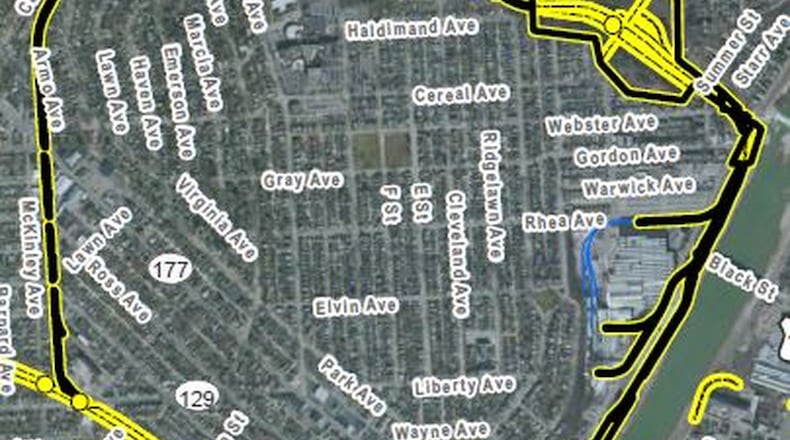 The dark lines indicate the portion of a rail line that once serviced the old Champion Paper plant on the west side of the Great Miami River. The city of Hamilton wants to acquire the former rail line from CSX to develop the Hamilton Beltline bike path. CONTRIBUTED