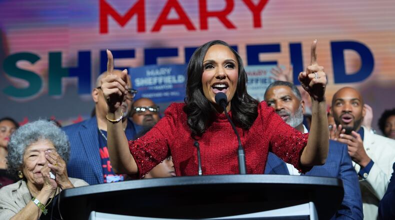 City Council President Mary Sheffield speaks during an election night watch party after winning the mayoral race on Tuesday, Nov. 4, 2025, in Detroit. (AP Photo/Paul Sancya)