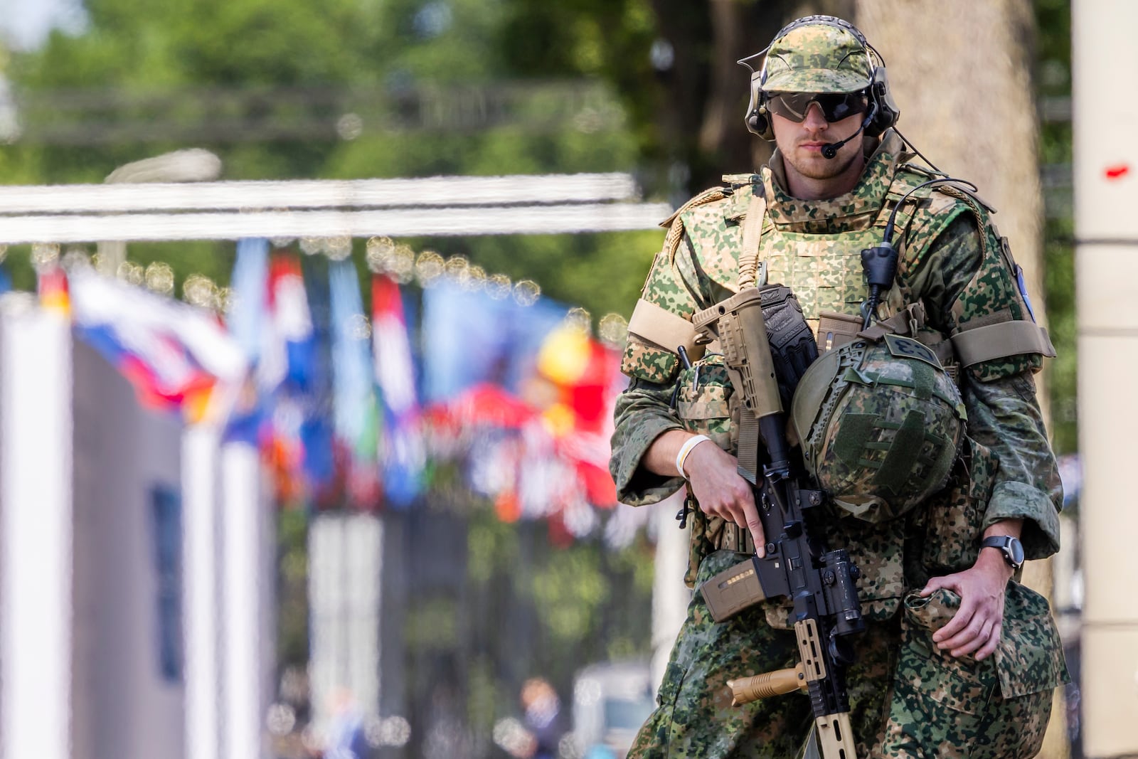 Security patrol around the perimeter of the venue in The Hague, Netherlands, Monday, June 23, 2025 ahead of the upcoming NATO summit. (AP Photo/Geert Vanden Wijngaert)