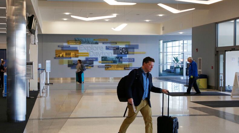 Renovation to the check-in area of the Dayton Airport terminal has been completed with a new terrazzo floors, full glass and steel exterior with a glass canopy to bring more natural light into the terminal. The area by baggage check will begin construction as part of the final stage. TY GREENLEES / STAFF
