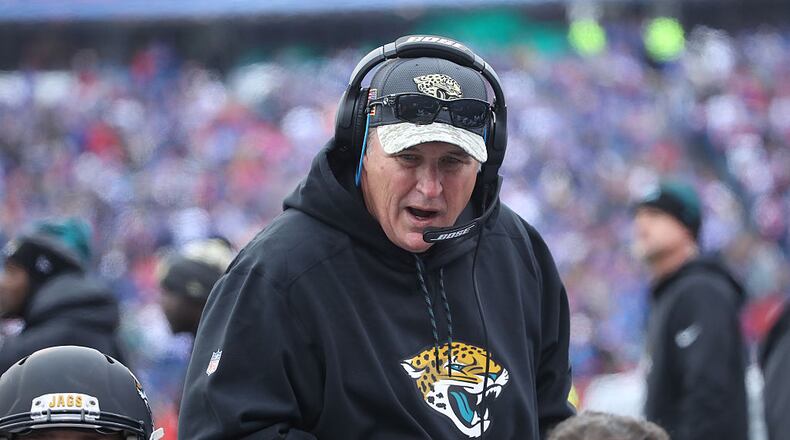 ORCHARD PARK, NY - NOVEMBER 27: Assistant head coach Doug Marrone of the Jacksonville Jaguars talks to his players on the bench during NFL game action against the Buffalo Bills at New Era Field on November 27, 2016 in Orchard Park, New York. (Photo by Tom Szczerbowski/Getty Images)