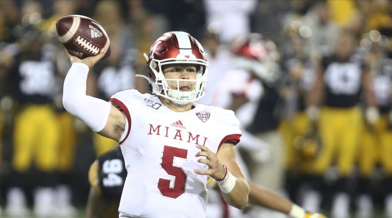 IOWA CITY, IOWA- AUGUST 31: Quarterback Brett Gabbert #5 of the Miami Ohio RedHawks throws a pass in the second half against the Iowa Hawkeyes on August 31, 2019 at Kinnick Stadium in Iowa City, Iowa. (Photo by Matthew Holst/Getty Images)