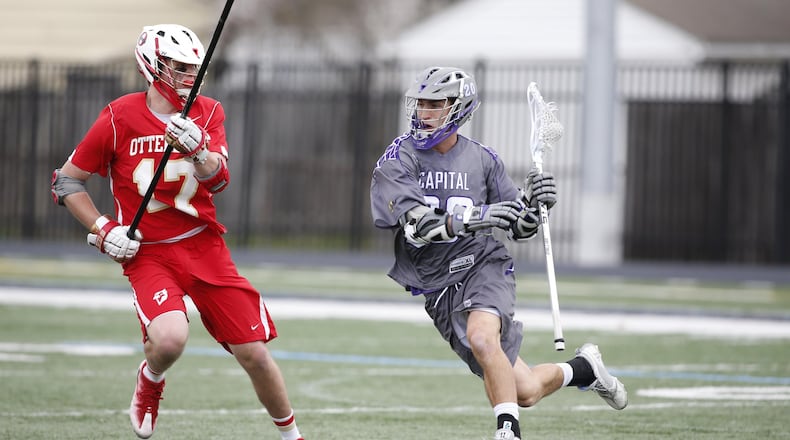 Capital University junior Brennan O’Callaghan, shown in action against Otterbein, leads his team with 30 goals and nine assists this season. CONTRIBUTED PHOTO BY BEN BARNES