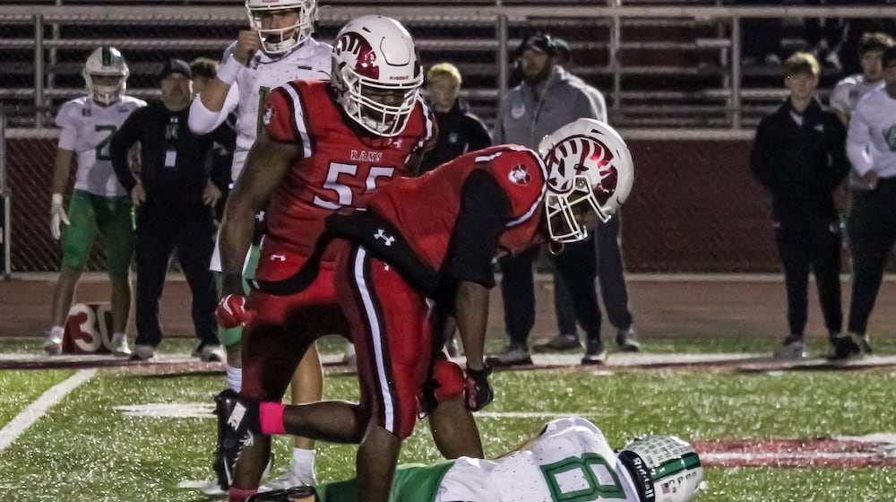 Trotwood-Madison's Caron Foster, Jr. celebrates a big hit during their game against Harrison on Friday night at Trotwood-Madison Stadium. The Rams won 49-0. HENRY S. CONTE / CONTRIBUTED PHOTO