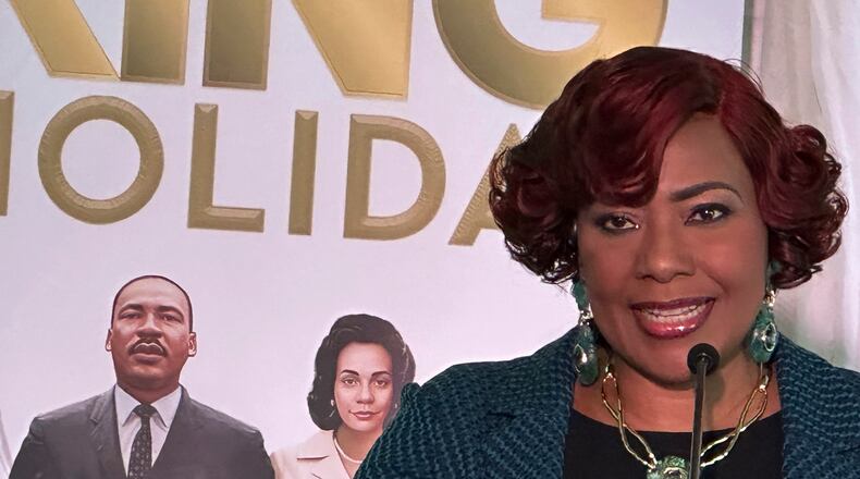 FILE - King Center CEO Bernice King, daughter of the Rev. Martin Luther King Jr., speaks during a news conference at the King Center in Atlanta, Jan. 7, 2025. (AP Photo/Kate Brumback, File)