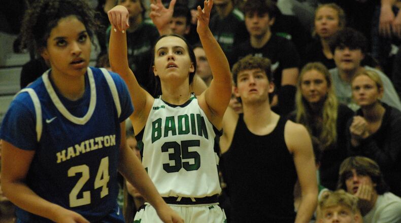 Badin's Lauren Christie tracks her shot during Monday night's game vs. Hamilton. Chris Vogt/CONTRIBUTED