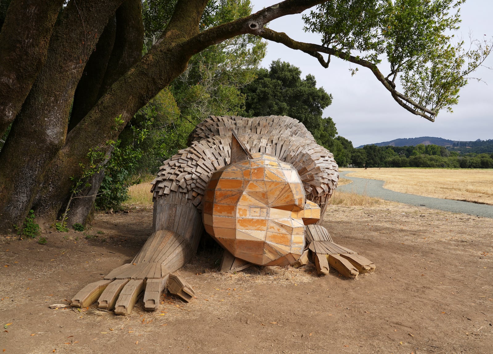 A giant troll sculpture created by the Danish recycle artist Thomas Dambo and his team that's part of an installation of six sculptures called "Trolls Save the Humans" is seen on display at the historic estate Filoli, Saturday, July 5, 2025, in Woodside, Calif. (AP Photo/Terry Chea)