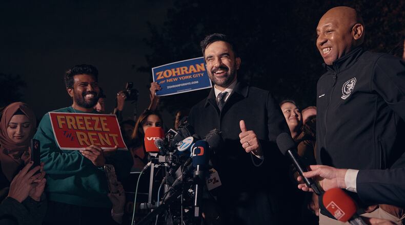 New York mayoral candidate Zohran Mamdani reacts during a press conference at the Dutch Kills Playground on Monday, Nov. 3, 2025, in the Queens borough of New York. (AP Photo/Andres Kudacki)