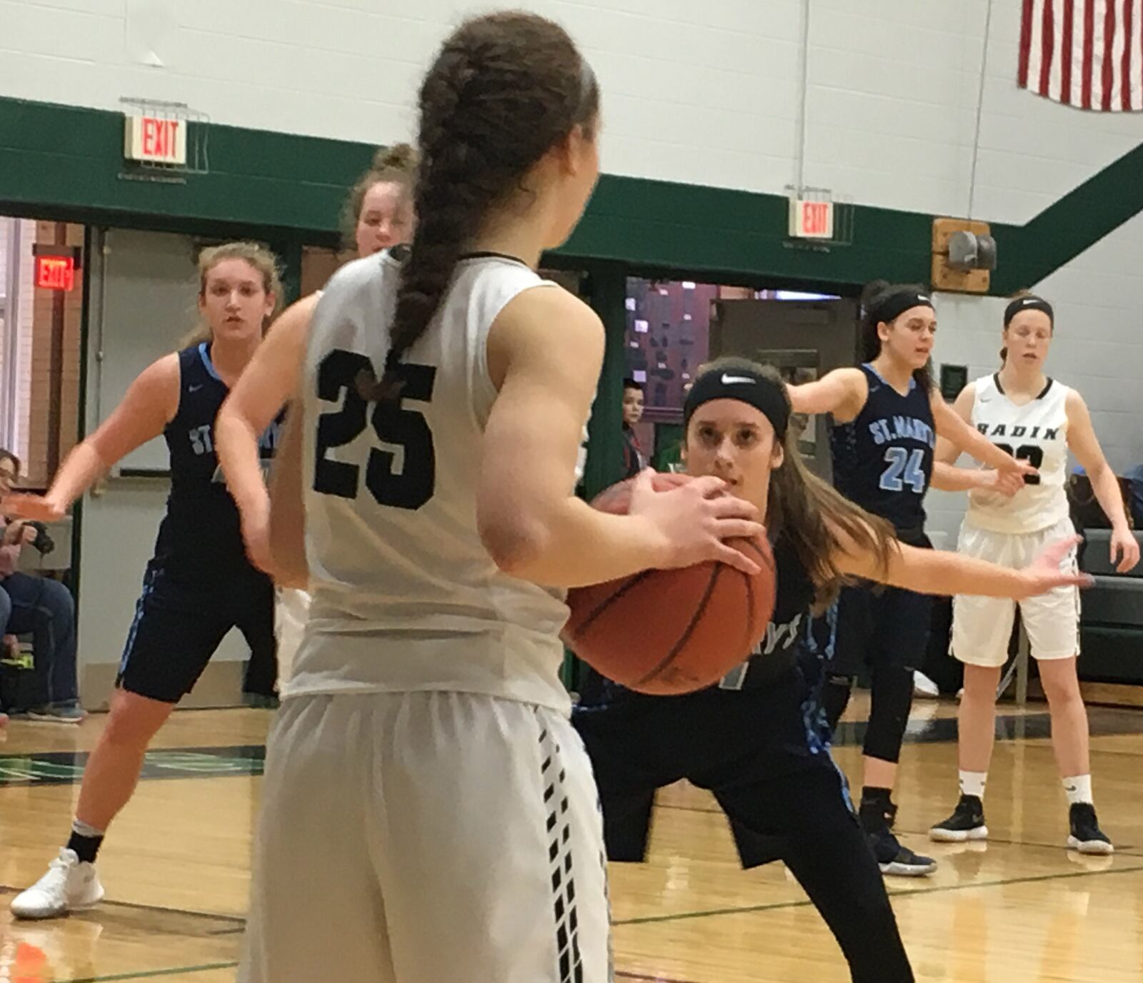 Sydney Ottomano (11) of Lancaster (N.Y.) St. Mary’s keeps Badin’s Jaelynn Scowden in her sights during Saturday afternoon’s game at Mulcahey Gym in Hamilton. RICK CASSANO/STAFF