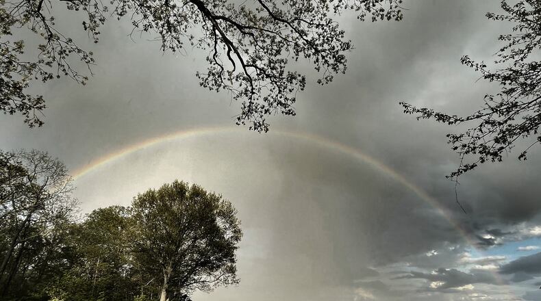 Rainbow forms over Farmersville in western Montgomery county Monday May 8, 2023. Jim Noelker/Staff
