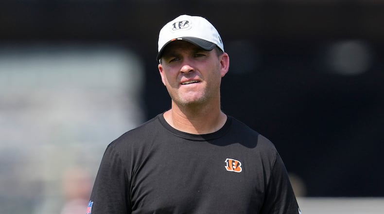 Cincinnati Bengals' head coach Zac Taylor looks on during practice at the team's NFL football training camp, Thursday, July 24, 2025, in Cincinnati. (AP Photo/Jeff Dean)