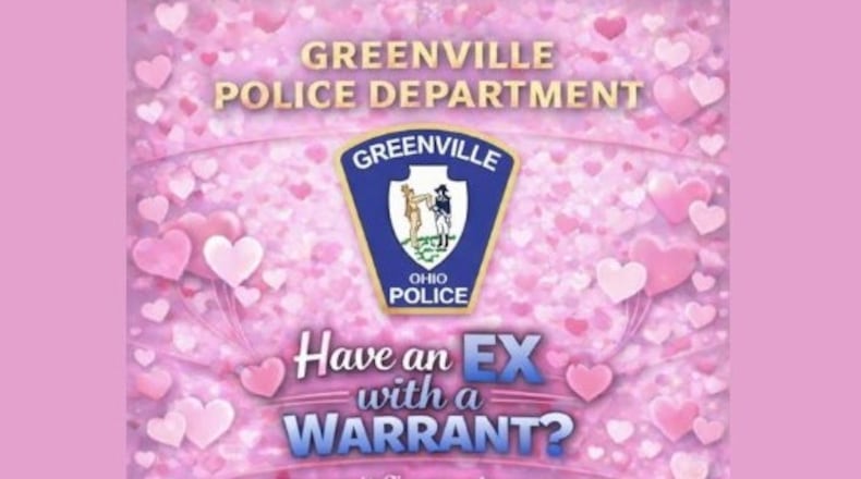 Greenville police ask people to turn in their ex's with warrants for Valentine's Day. PHOTO FROM GREENVILLE POLICE DEPARTMENT FACEBOOK