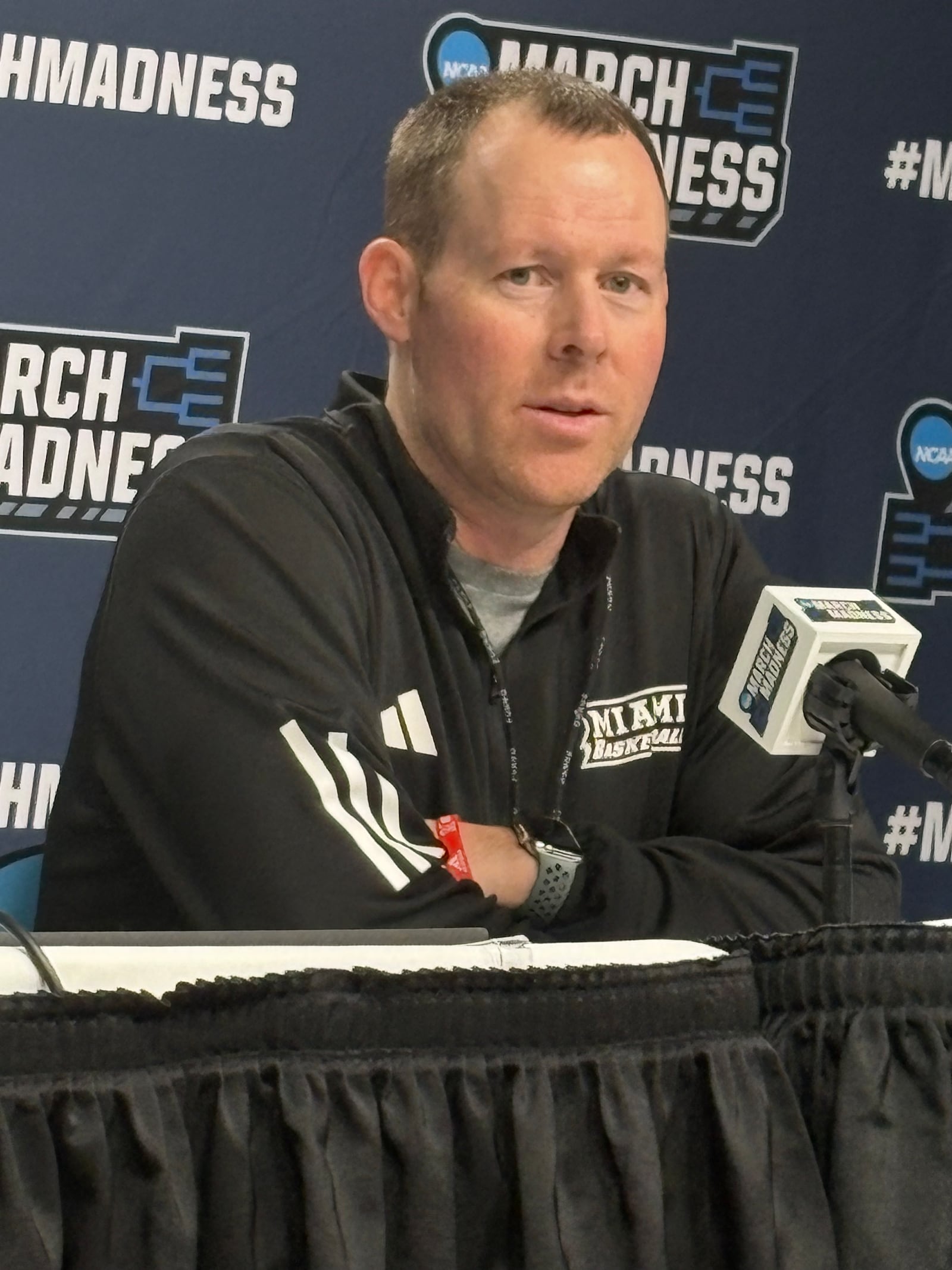 Miami University coach Travis Steele speaks to the media during a press conference on Thursday, March 19, 2026 in Philadelphia. JON MARKS / CONTRIBUTED PHOTO