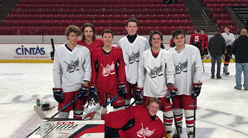 Talawanda all-league selections are pictured at the March 4 Southwest Ohio High School Hockey League All-Star Game. Shown, in front, is goalie Daniel Emenaker (second team) and (from left, standing) Zach Goetz (second team), Andrew Shrider (first team), Jack Sikora (honorable mention), Parker Geshan (first team), Luke West Poley (honorable mention) and Jack McKinley (second team). Not pictured is James Anzano (second team). CONTRIBUTED