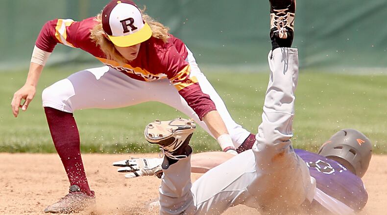 Ross shortstop Tyler Flick tags out Columbus DeSales’ Dylan Payne during their Division II regional semifinal at Mason on Friday. CONTRIBUTED PHOTO BY E.L. HUBBARD