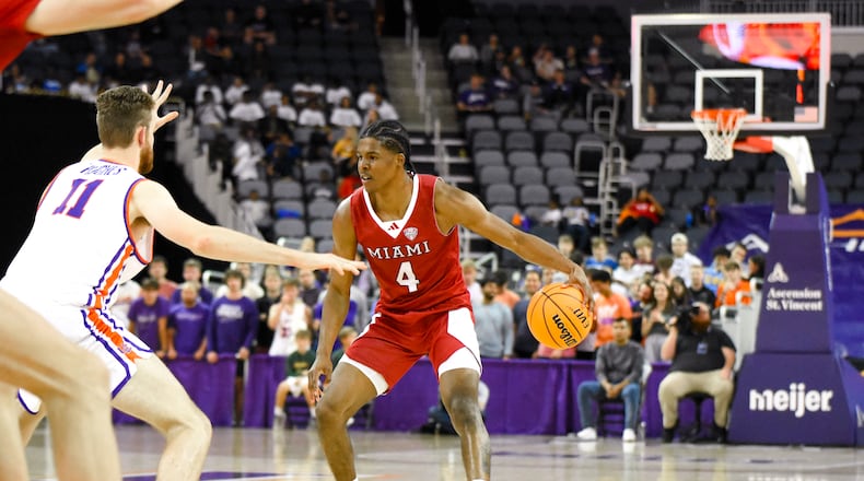 Miami's Darweshi Hunter during Monday's season opener vs. Evansville. Hunter scored a team-high 21 points in Saturday's home-opening loss to Texas State. Megan Walker/CONTRIBUTED