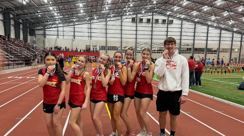 These seven Fenwick High School students medaled Saturday at the state indoor track and field championship in Geneva. From left: Lulu Hong, Lucy Tipton, Hailey Yontz, Makenzie Fallon, Sophia Tebbe, Sam Long and Ben Abbott. SUBMITTED PHOTO
