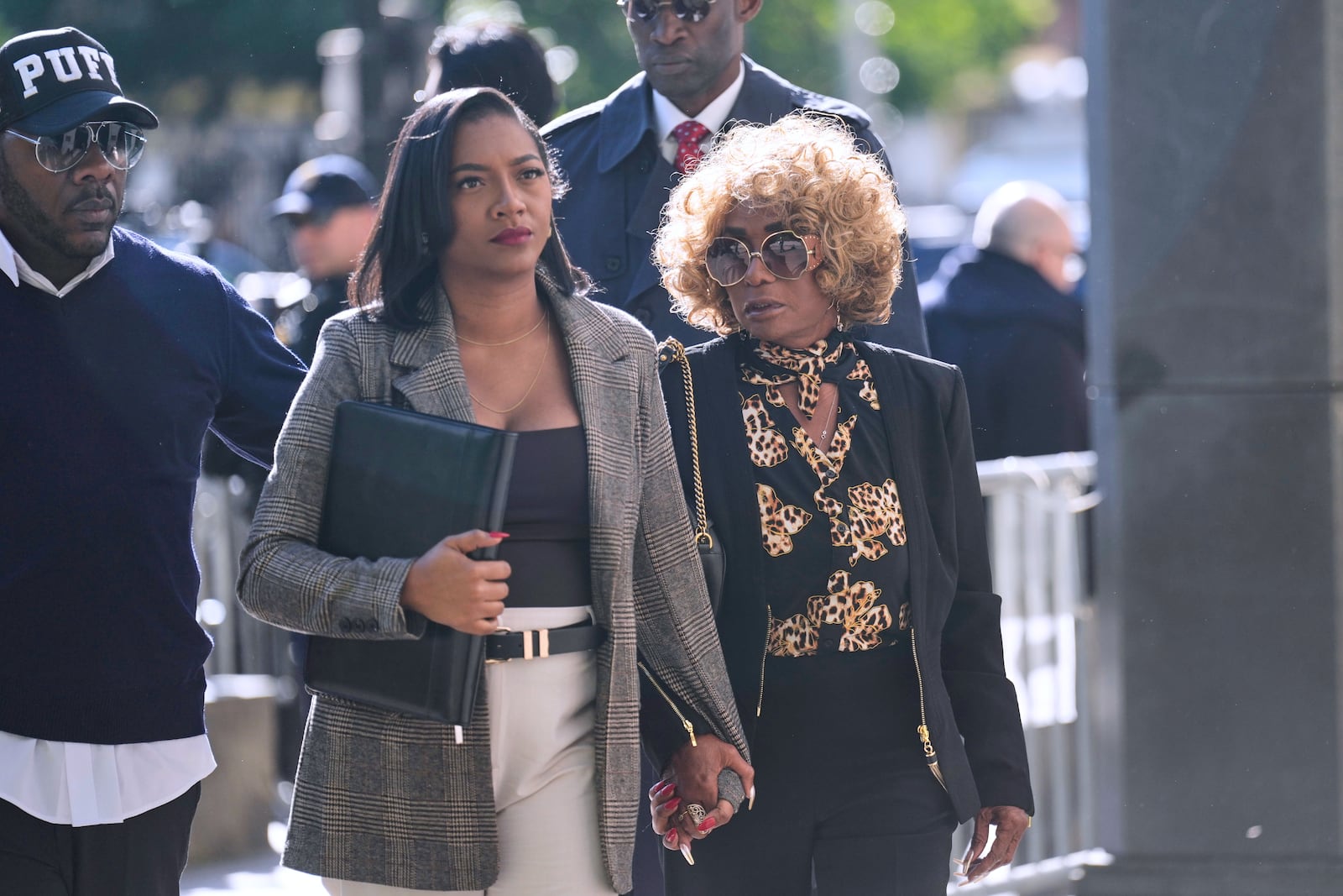 Janice Combs, mother of Sean "Diddy" Combs, right, arrives to the courthouse in New York, Monday, May 12, 2025. (AP Photo/Seth Wenig)
