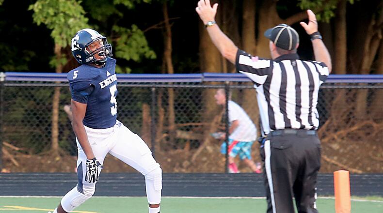 Edgewood wide receiver Eddie Driskell reacts after scoring a touchdown against Badin during their game at Kumler Field in Trenton on Sept. 9. CONTRIBUTED PHOTO BY E.L. HUBBARD
