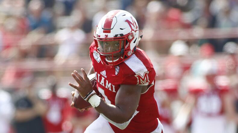 OXFORD, OHIO - SEPTEMBER 28: Jaylon Bester #1 of the Miami of Ohio RedHawks runs the ball in the game against the Buffalo Bulls at Yager Stadium on September 28, 2019 in Oxford, Ohio. (Photo by Justin Casterline/Getty Images)