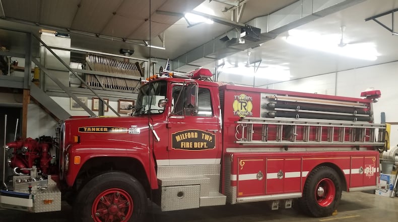 A fire truck sits inside a Milford Twp. Fire Department fire station. Township voters will decide May 5 whether to approve a 2‑mill Fire/EMS levy that would fund operations and equipment without raising the tax rate. CONTRIBUTED