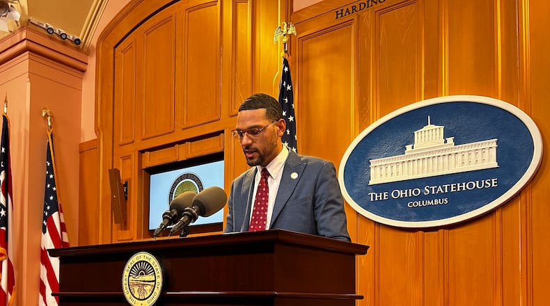 Rep. Josh Williams, R-Sylvania, holds a press conference detailing a new bill to add fraud-preventive measures to Ohio's subsidized child care system. Thursday, Jan. 16, 2026.