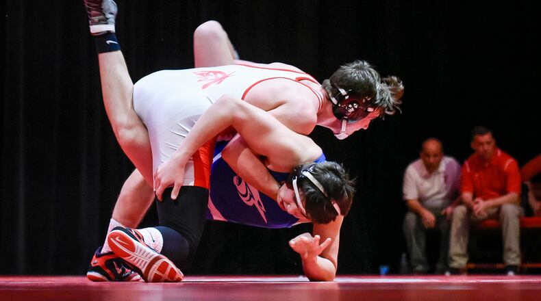 Fairfield’s Andrew Sams got a pin to win the match in the 170 pound weight class against Springboro’s Joe Froehlich during their dual Thursday, Jan. 19 at Fairfield High School Performing Arts Center in Fairfield. Fairfield won the dual 42-24. NICK GRAHAM/STAFF