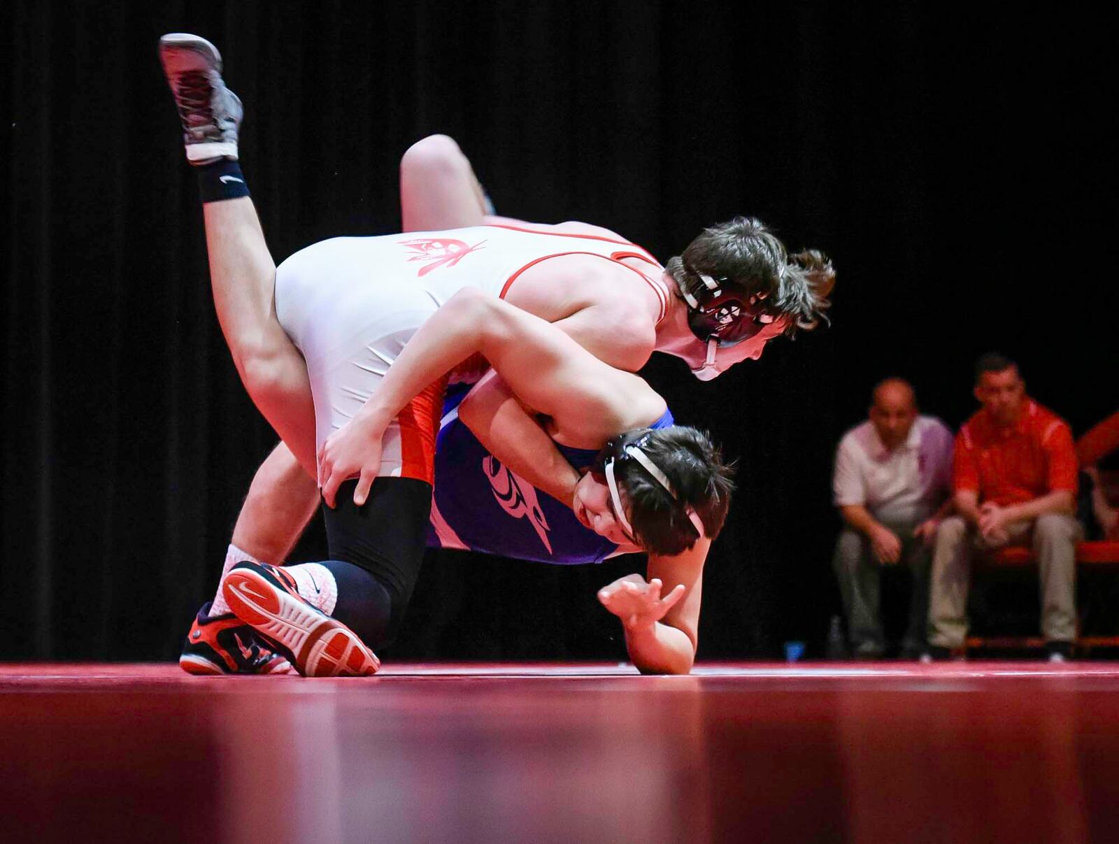 Fairfield's Andrew Sams got a pin to win the match in the 170 pound weight class against Springboro's Joe Froehlich during their dual Thursday, Jan. 19 at Fairfield High School Performing Arts Center in Fairfield. Fairfield won the dual 42-24. NICK GRAHAM/STAFF