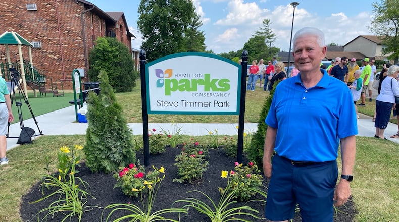 Dozens of people attended the dedication of Steve Timmer Park in honor of the first Hamilton Parks Conservancy District director, Steve Timmer. He helped secure the land to put a park on Gordon Smith Boulevard, and last year Hamilton City Council and the Hamilton Conservancy Parks District board of directors surprised Timmer when they announced the naming of the park in his honor. PHOTO/TVHamilton