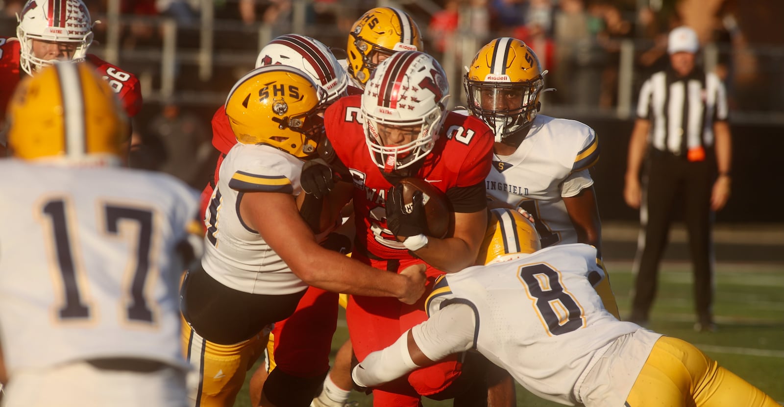 Wayne's Isaiah Thompson runs against Springfield on Friday, Oct. 3, 2025, at Heidkamp Stadium in Huber Heights. David Jablonski/Staff