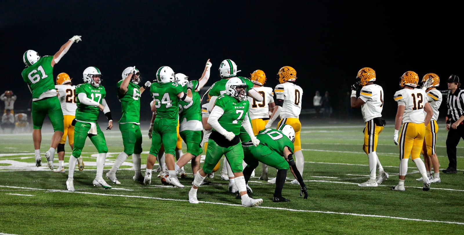 Badin players celebrate after a fourth down conversation late in a Division III playoff game against Alter. The Rams won 35-28 on Friday, Nov. 7, at Matandy Sportsplex in Hamilton. STEVEN WRIGHT / STAFF