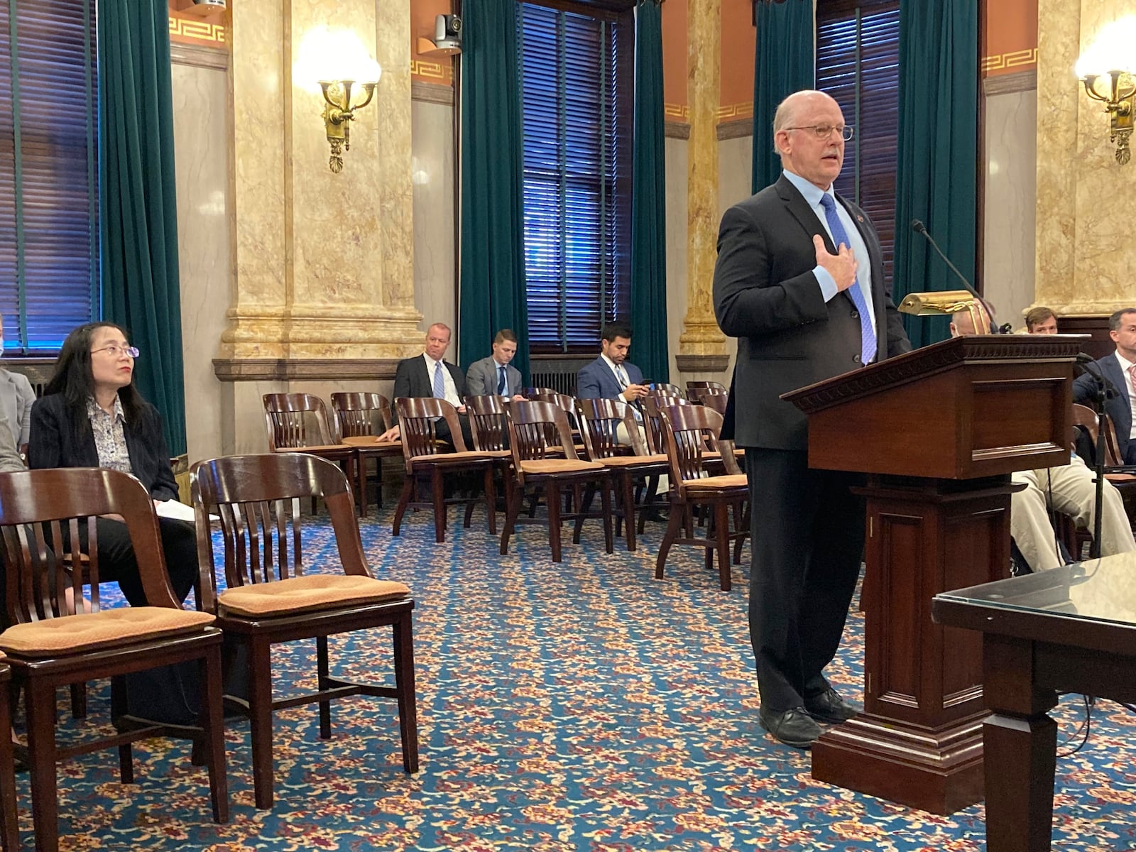 Rep. Bill Roemer, a Republican from Richfield in northeastern Ohio, testifies in favor of a bill that would make assaulting sports referees a crime, on Tuesday, Oct. 19, 2021, in Columbus, Ohio. Roemer, a longtime youth baseball coach, says that more than two of every three sports officials quit during their first three years because of spectator abuse. (AP Photo/Andrew Welsh-Huggins)