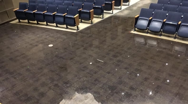 A fire sprinkler system leak Thursday has flooded parts of Hamilton High School’s auditorium. The school was closed Friday due to snow. School officials credited some fathers of students who came in Thursday to work on stage sets for reporting the leak. No costs estimates on the damage are yet available, say officials.