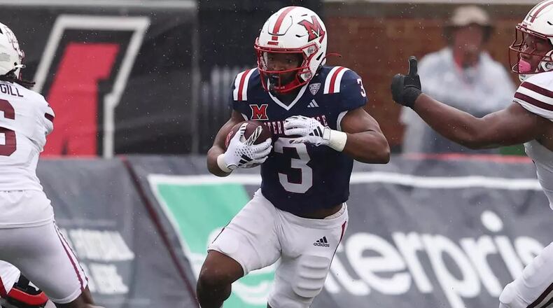 Miami's Keyon Mozee (3) carries the ball against Massachusetts last week. Photo by Miami Athletics