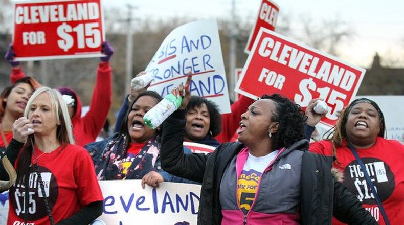 Groups have been lobbying for raising the minimum wage to $15 for years. The members of Raise Up Cleveland along with the Service Employees International Union Local 1199 held a rally in 2016 in front of a McDonald’s fast-food restaurant. (Lisa DeJong, The Plain Dealer)