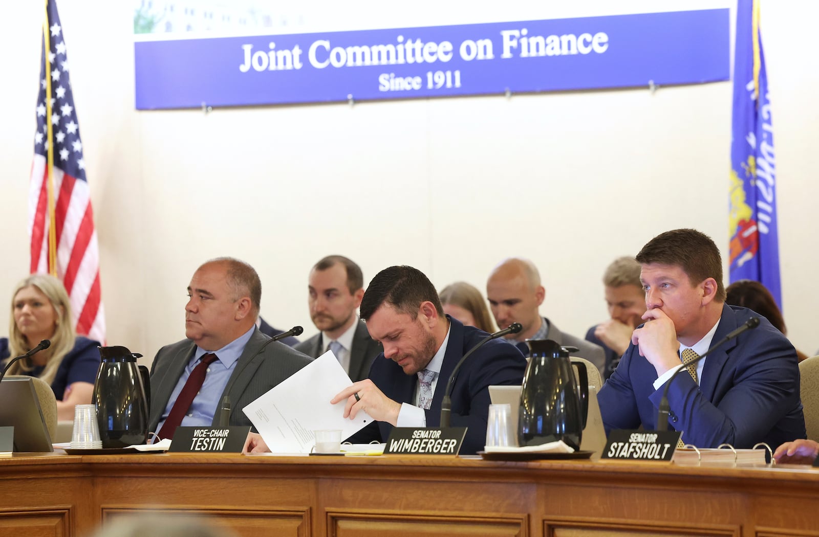 Sen. Patrick Testin, R-Stevens Point, center, and Sen. Eric Wimberger, R-Oconto, right, during a Joint Finance Committee hearing at the state Capitol in Madison, Wis. Tuesday, July 1, 2025. (Amber Arnold /Wisconsin State Journal via AP)