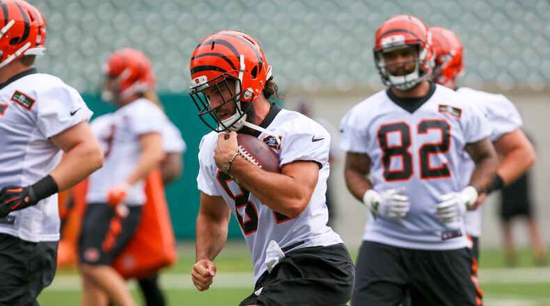Bengals wide receiver Jake Kumerow (84) participates in a team practice at Paul Brown Stadium, Tuesday, June 13, 2017. GREG LYNCH / STAFF