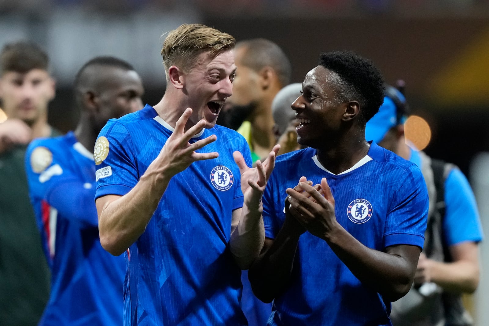 Chelsea's Liam Delap, left, celebrates at the end of the Club World Cup group D soccer match between Chelsea and Los Angeles FC in Atlanta, Monday, June 16, 2025. (AP Photo/Brynn Anderson)