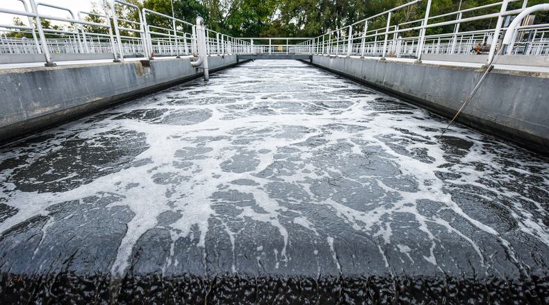 This is the aeration system where biological activity takes place at the Middletown Wastewater Treatment Plant on Oxford State Road Thursday, Oct. 6. Middletown City Manager Doug Adkins is recommending a 7.5 percent water-rate increase and a 15 percent sewer-rate increase in 2017, along with a 75-cent-per-month trash pickup increase next year. NICK GRAHAM/STAFF