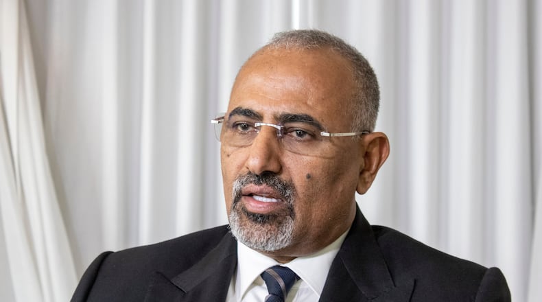 FILE - The president of the Yemen's Southern Transitional Council Aidarous Al-Zubaidi sits for an interview, Sept. 22, 2023, in New York, while attending the United Nations General Assembly's annual high-level meeting of world leaders. (AP Photo/Ted Shaffrey, File)