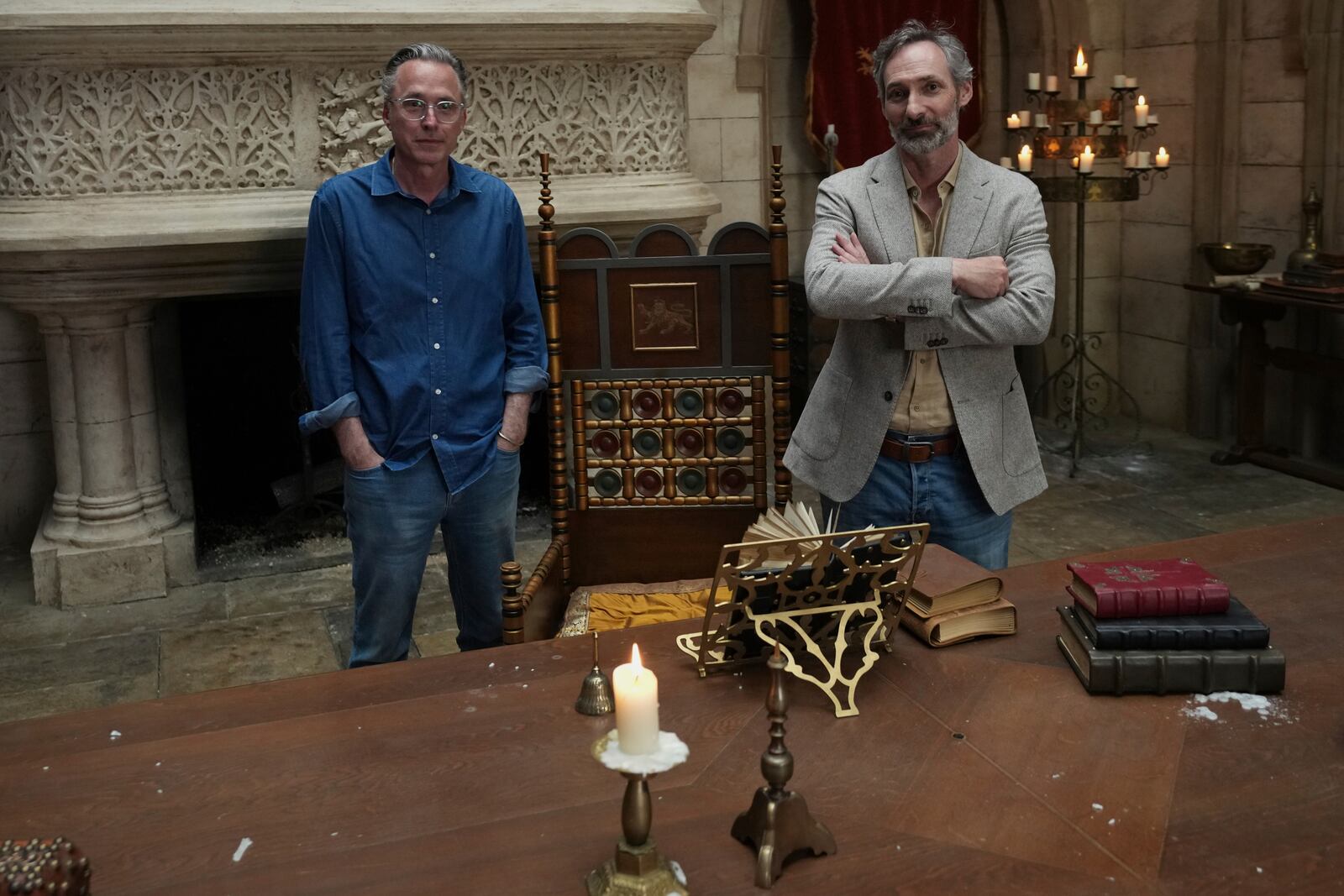 Showrunner, Executive Producer John Glenn, left, poses with Director, Executive Producer Jonathan English prior to an interview with The Associated Press about the Robin Hood ten-episode season in Belgrade, Serbia, Monday, May 5, 2025. (AP Photo/Darko Vojinovic)