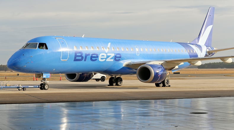 This photo provided by CeanOrrett shows a Breeze aircraft. Two new U.S. airlines are planning on starting service this spring, tapping into the travel recovery that is picking up speed. Breeze Airways is next up, the latest creation of David Neeleman, who founded JetBlue Airways more than 20 years ago. (CeanOrrett via AP)