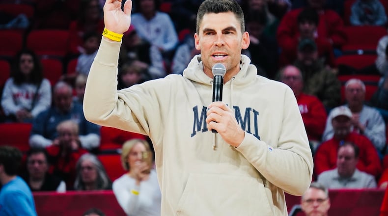 Former Miami star Wally Szczerbiak addresses the crowd at Millett Hall on Saturday. He returned to Oxford to celebrate One Miami Day, which recognizes Miami University's athletic alumni. Chris Vogt/CONTRIBUTED